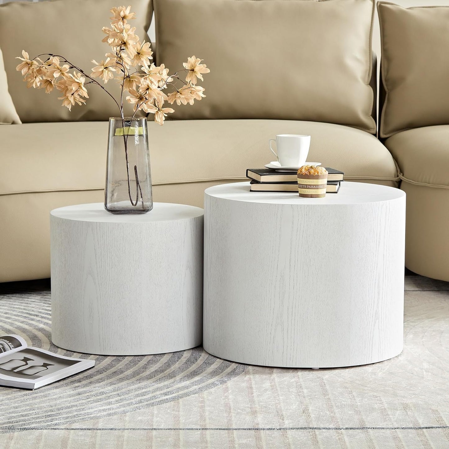 WILLIAMSPACE 18.9" White Nesting Coffee Table Set of 2, Modern Black Round Coffee Tables Circle Side Table for Small Space, Accent End Table Set, No Assembling, White Wood Grain