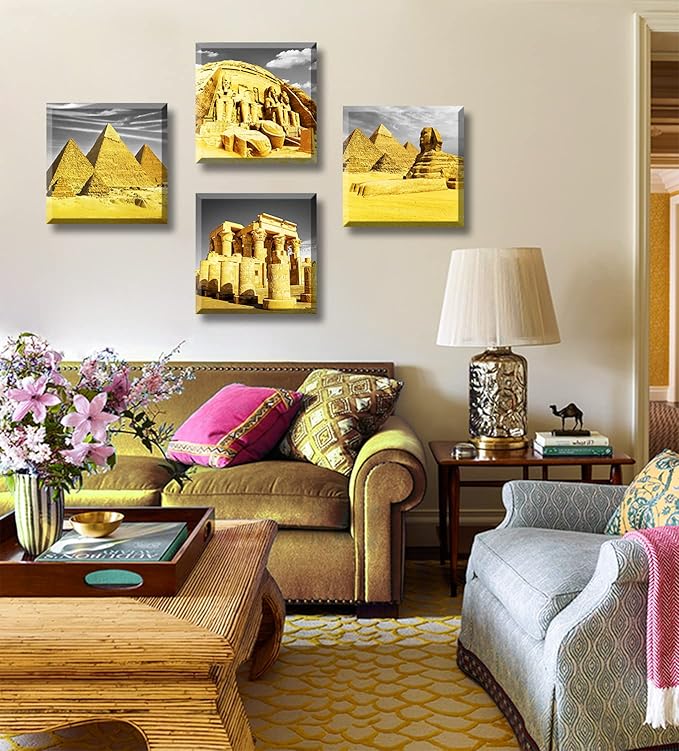 DJSYLIFE Bedroom Decor Gold Wall Art Egyptian Pyramids Canvas Print Picture Gray White Posters Modern Artwork for for Living Room Bathroom Office Home Decoration Framed Ready to Hang 12"X12"X4