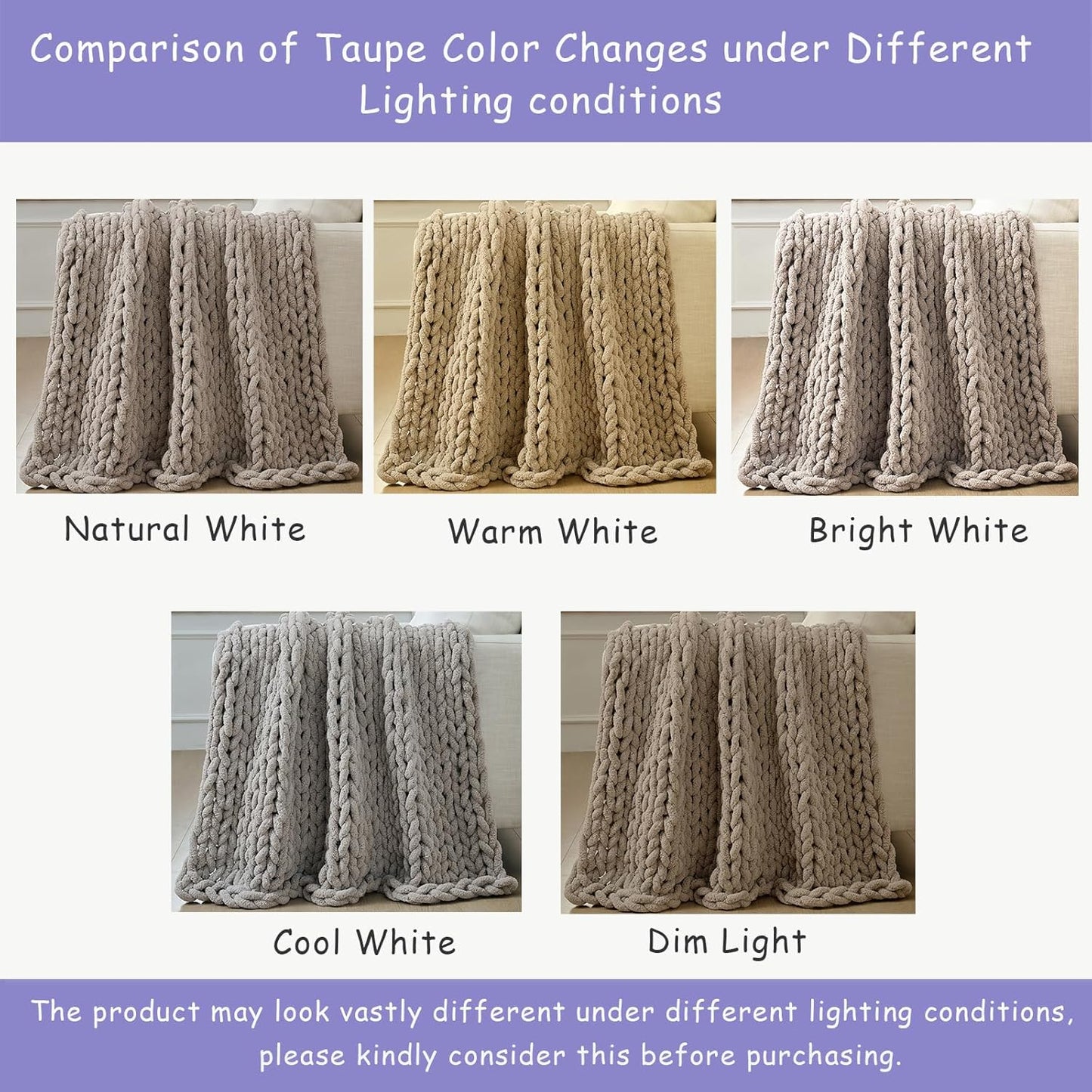 Bigacogo Chunky Knit Throw Blanket for Couch, 40x40 inches, 100% Hand Knitted with Thick Jumbo Chenille Yarn, Cozy Soft Large Rope Knot Cable Crochet Blankets for Sofa Bed Living Room, Taupe