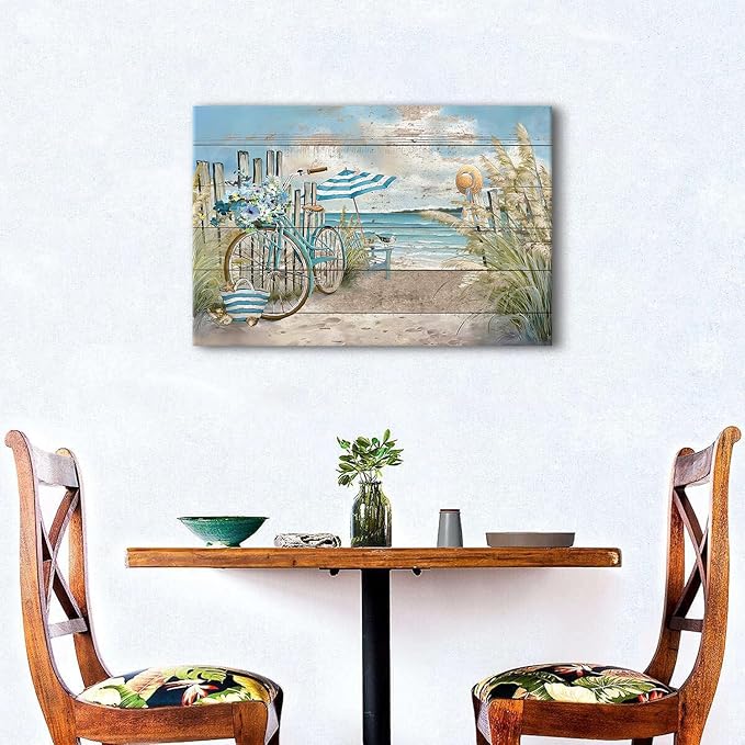 Coastal Canvas Wall Art Farmhouse Beach Seaside Wall Decor for Bathroom Bicycle Picture Rustic Ocean Seascape Poster Print Retro Country Coastline Painting Artwork Living Room Home Decoration 16x24