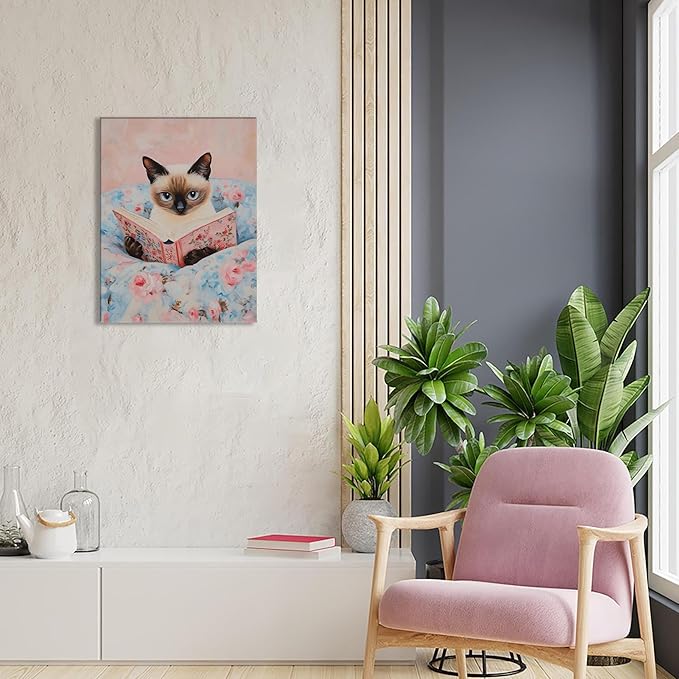 Framed Cat Reading Book Canvas Wall Art, Cute Pink Siamese Cat Wall Decor Print Painting, Funny Animal Lovers Picture for Bedroom Living Room Kids Room Girls Room Home Decor 12x16 Inch