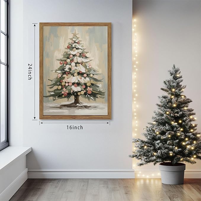 Framed Christmas Tree Wall Decor, Christmas Tree with Christmas Balls Canvas Prints Country Winter Holidays Oil Painting Vintage Christmas Wall Art for Living Room Bedroom – 16x24in