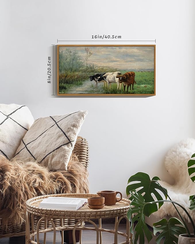SHENIFY Vintage Framed Wall Art Cow Farm Landscape Painting Retro Meadow Scenery Farmhouse Kitchen Living Room Decor - 8x16in Natural Framed