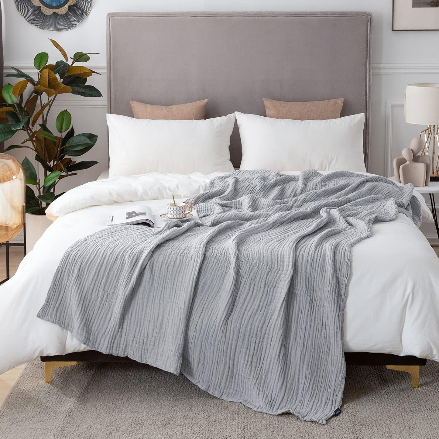 EMME Cotton Blanket Queen Size for Bed Soft Large Muslin Bed Blankets 80"x90" Lightweight Breathable Blanket All Season Gauze, Light Grey