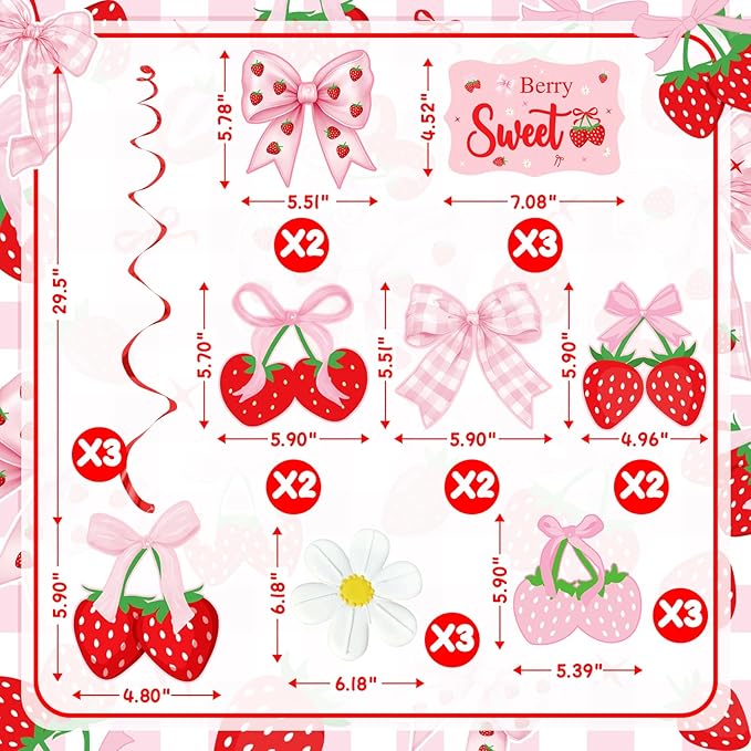 Pink Bow Strawberry Party Hanging Swirls Decorations, Berry Sweet Strawberry Theme Party Foil Ceiling Swirl for Summer Fruit Berry First 1st Birthday Girl Berry Sweet Baby Shower Wedding Bridal Shower