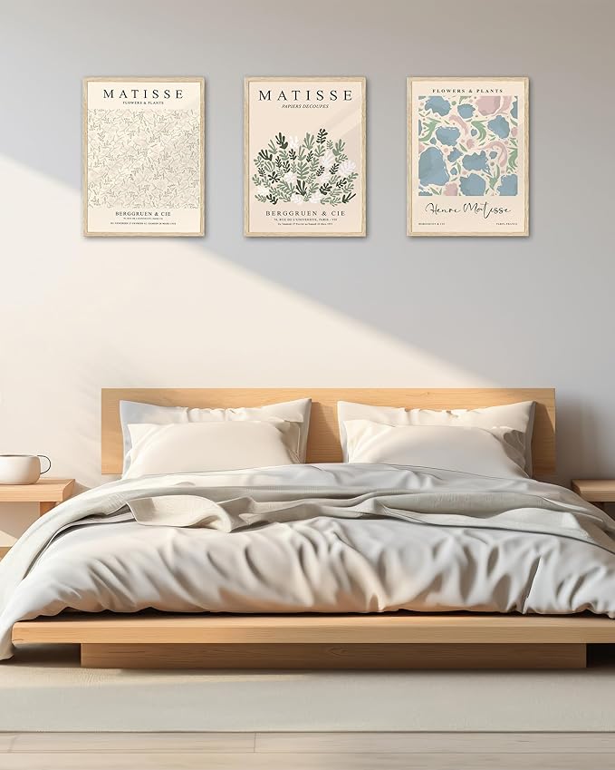 KensTro 12x16 Set of 3 Natural Oak Wood Picture Frame with 3 Matisse Prints,12x16 Minimalist Natural Solid Wooden Picture Frames for 12"x16" Posters,Wall Art,Photos,Prints,Paintings