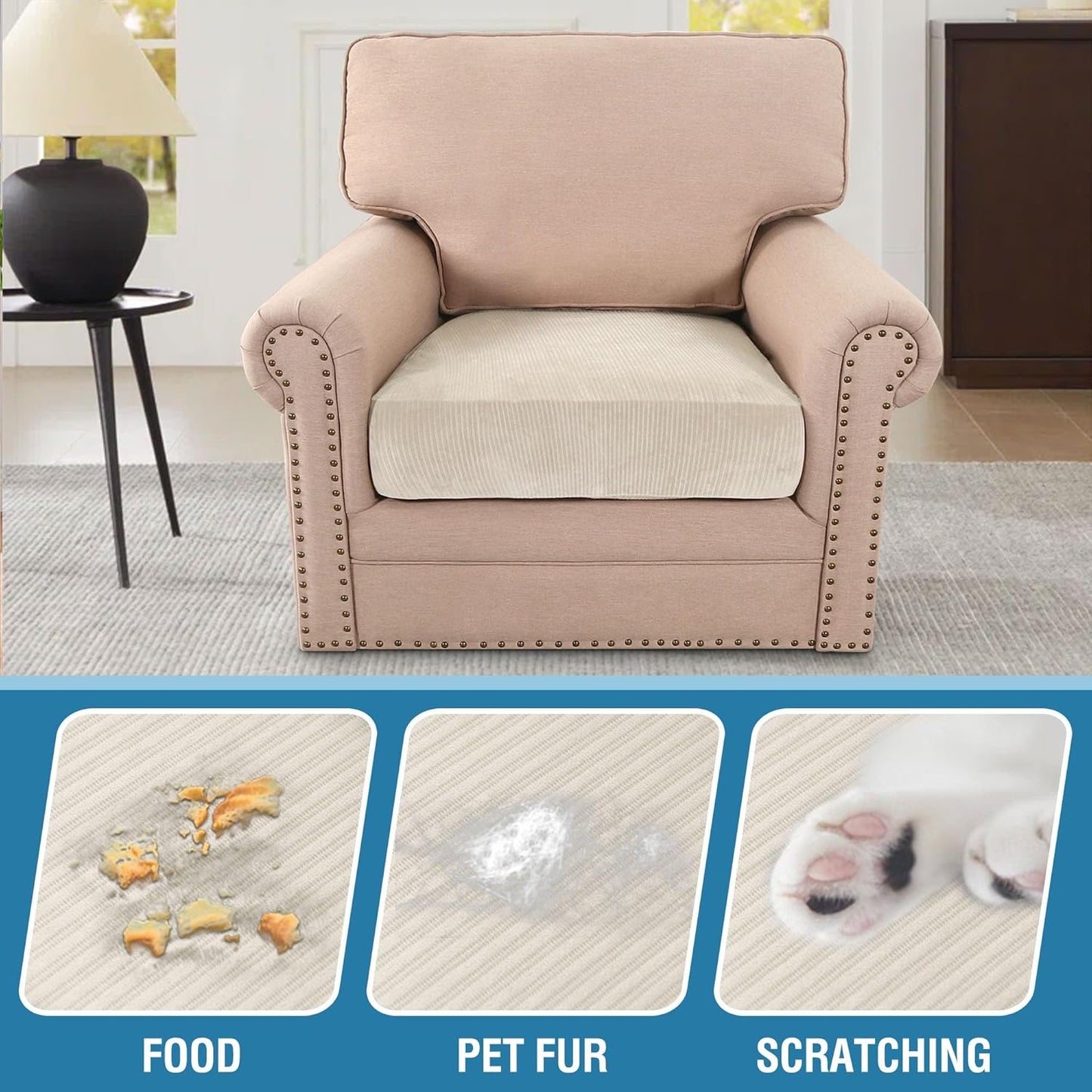 H.VERSAILTEX Velvet Stretch Couch Cushion Cover Plush Cushion Slipcover for Chair Cushion Furniture Protector Seat Cushion Sofa Cover (1 Piece Armchair Cushion Covers, Ivory Striped)