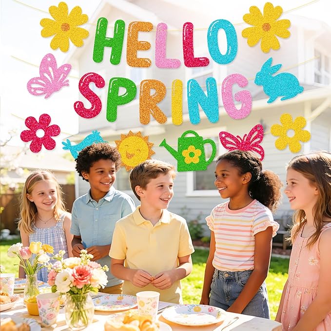Hello Spring Banner, Glitter Spring Decoration for Home, Classroom, Easter Party & Porch - Floral Welcome Sign for Indoor Outdoor Door Wall Decor, Easter Seasonal Themed Photo Backdrop