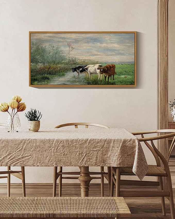 SHENIFY 20x40in Extra Large Vintage Framed Wall Art Cow Farm Landscape Painting Retro Meadow Scenery Farmhouse Bedroom Above of Bed Living Room Decor - Natural Framed
