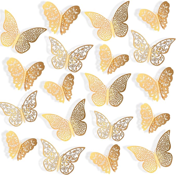 Bememo 72 Pieces 3D Butterfly Wall Decals Sticker Decal Wall Decor Art Decorative Sticker 3 Sizes for Room Offices Bedroom Bathroom Living Room Decor(Gold)