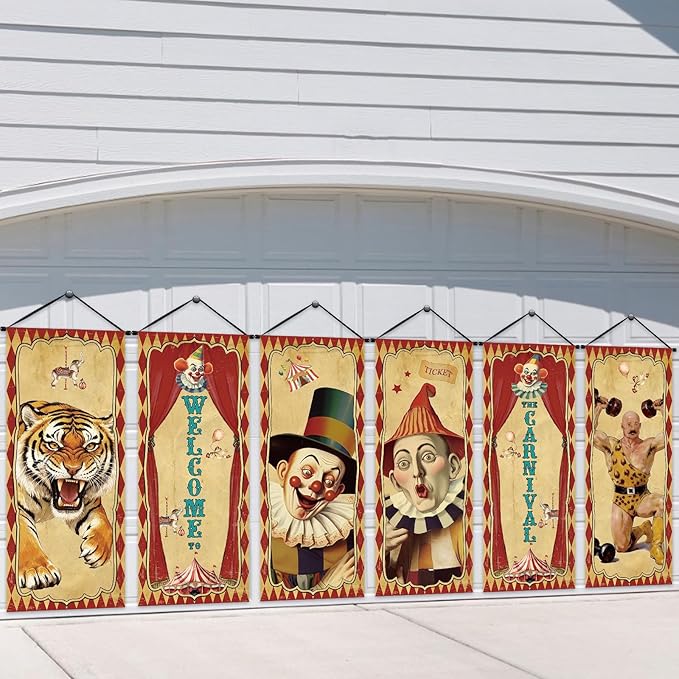 Tiamon 6 Pcs Vintage Christmas Halloween Carnival Porch Banners Retro Santa Clown Stretching Portraits Wall Decorations Gothic Porch Sign Backdrop for Xmas Indoor Outdoor Hanging Decor (Circus)