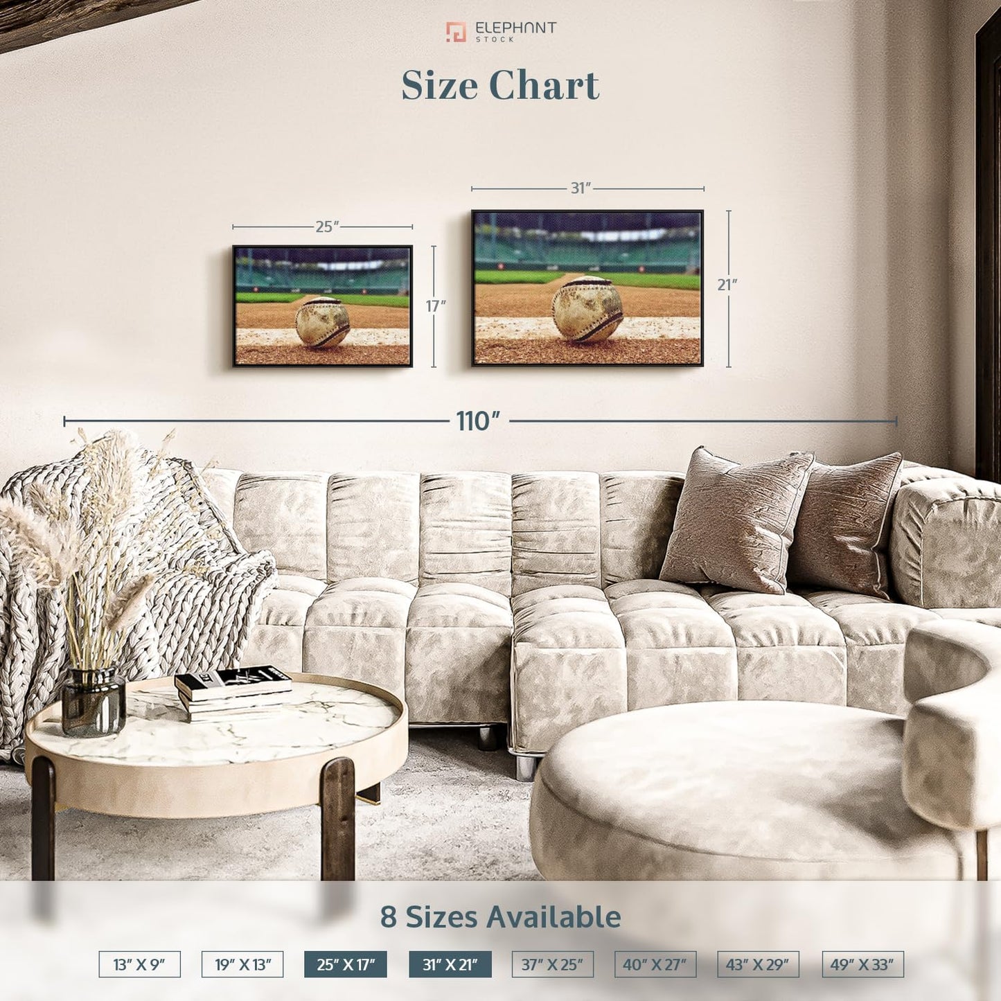 ElephantStock Baseball In Stadium Wall Art - Horizontal Framed Canvas - 1-Piece Living Room Wall Decor - Car Photography Canvas Print - Brown and Beige Decor for Wall - 25" X 17"