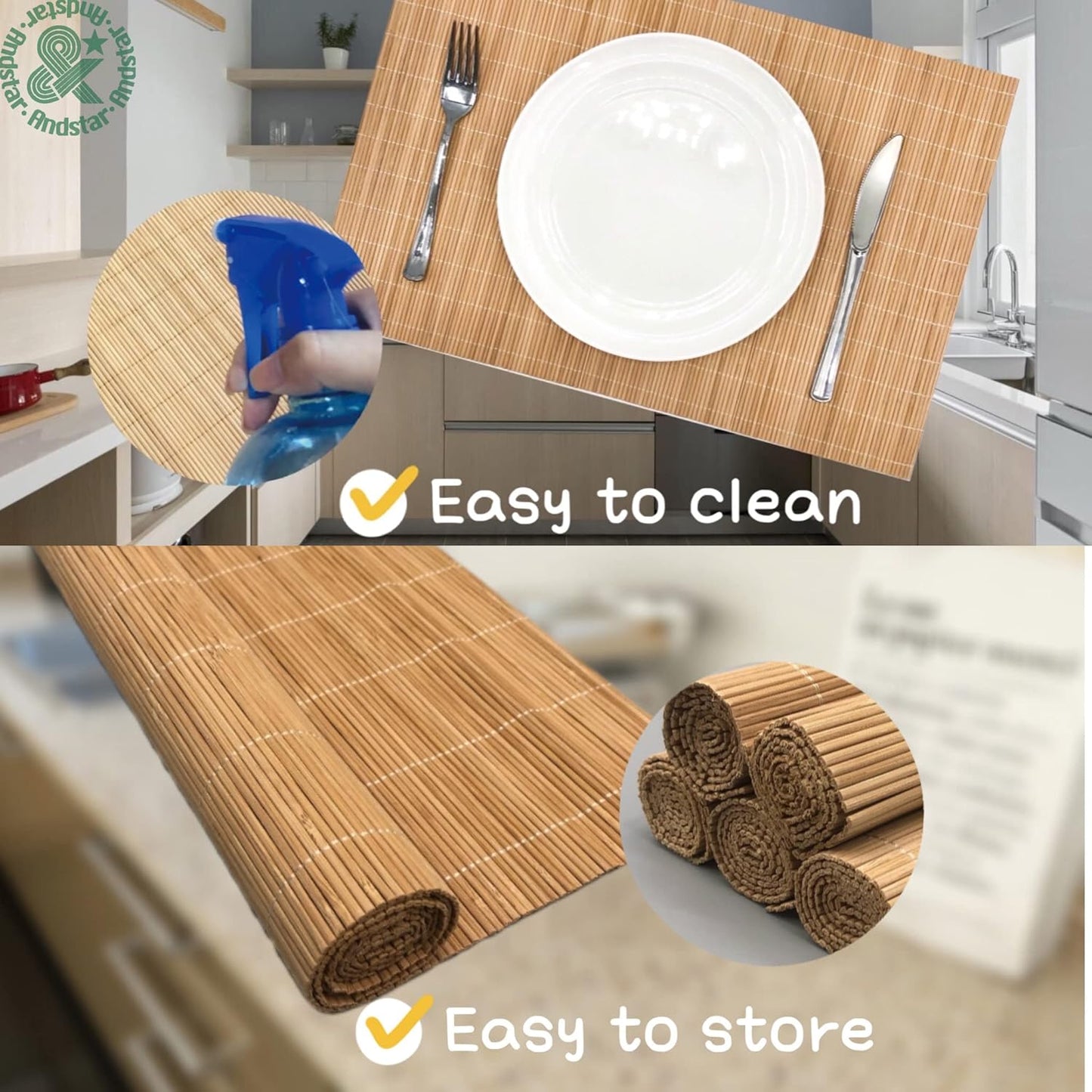 ANDSTAR Set of 8 Pcs Bamboo Placemats Sushi Rolling Mat Japanese Style Natural Anti-Slip, Washable Heat-Resistant Table Mats for Dining Room and Kitchen（Brown）