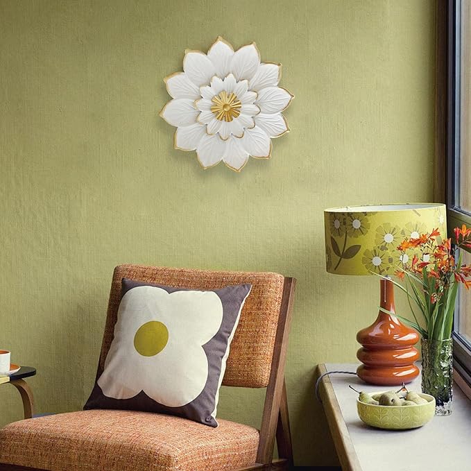 LIFFY 9.2“ White and Gold Metal Flower Wall Art, Modern Rustic Floral Decor for Indoor Living Room Bedroom Office Outdoor Garden Patio Yard