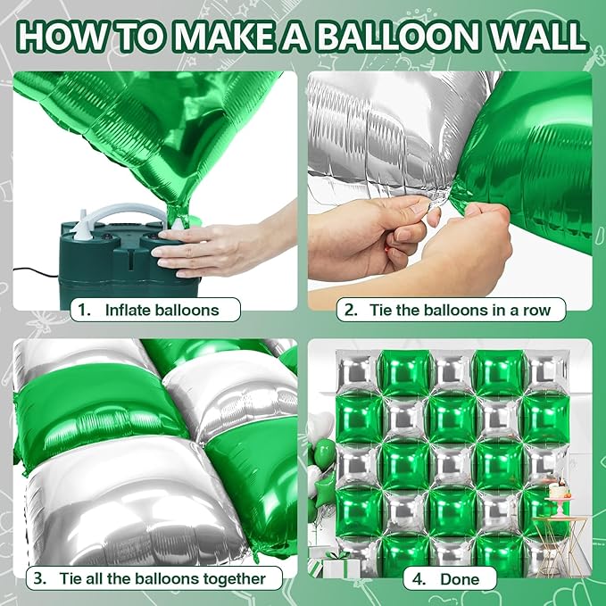 NISOCY 25PCS Green Silver Square Foil Balloons Wall Backdrop Double Sided Silver Green Balloons Arch Kit for Birthday Anniversary Graduation Forest Baby Bridal Shower Kids Party Decorations