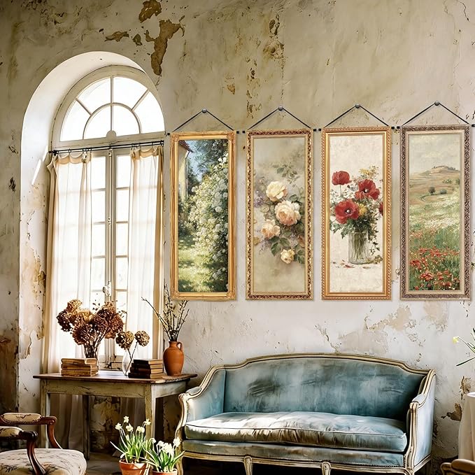 Tiamon 4 Pcs Vintage Floral Spring Wall Art Banner Spring Flower Country French Wall Decoration Nature Wildflower Porch Sign Backdrop for Floral Banner Landscape Farmhouse Indoor Outdoor Hanging Decor