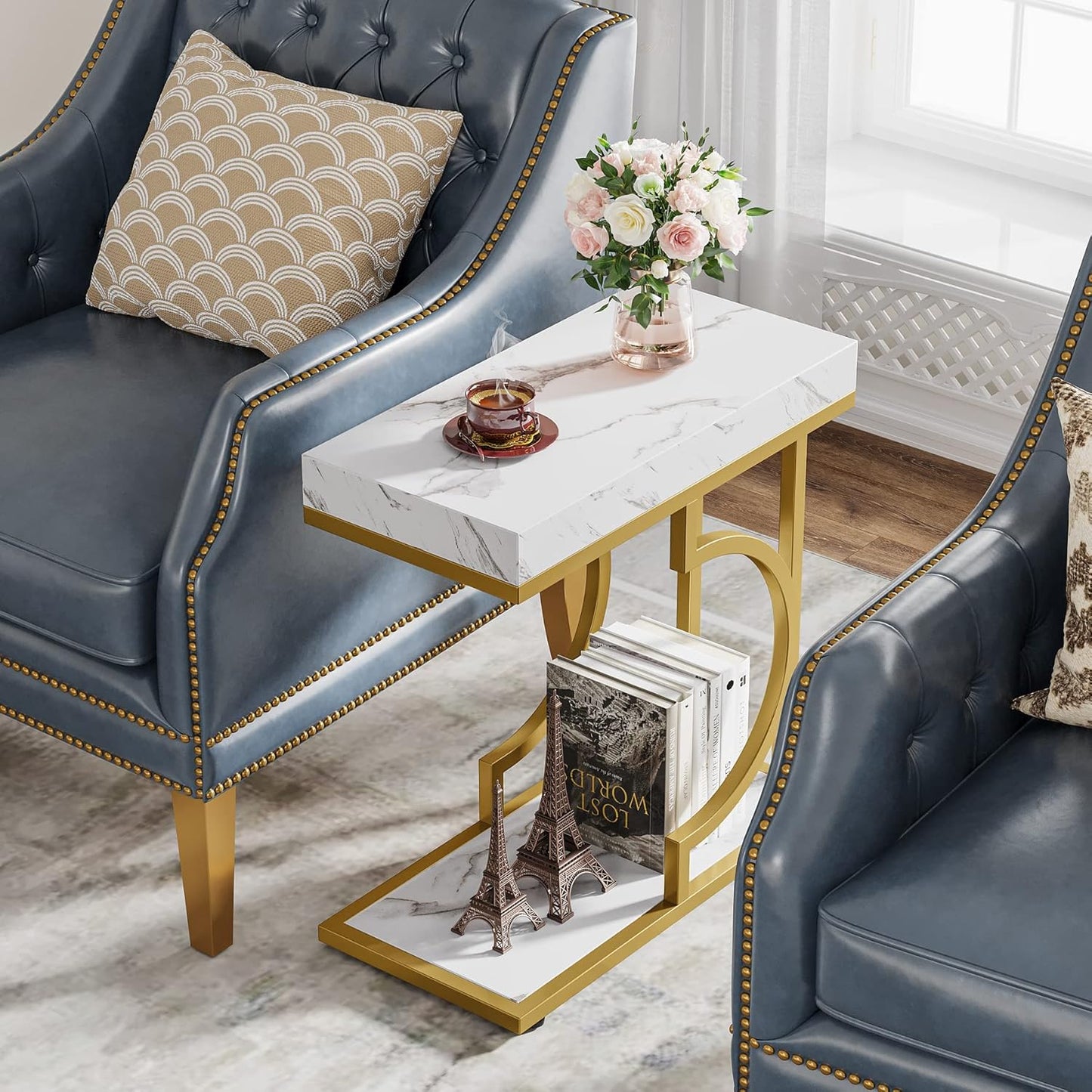 Tribesigns Narrow Side Table White Gold C Shaped End Table Modern Bedside Tables Small Chairside Table for Couch, Sofa Table with Metal Frame for Living Room (1, White+Gold)