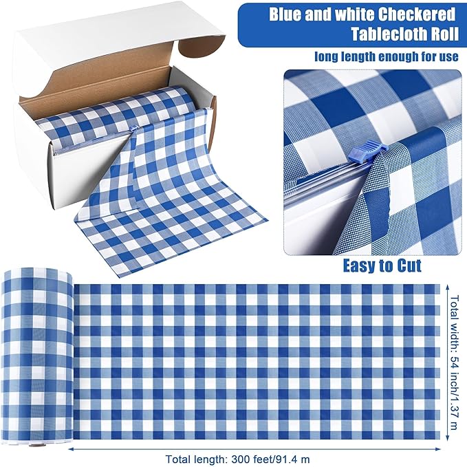 Kochorie 54 Inch x 300 Ft Blue Checkered Plastic Table Cloth Roll Disposable Waterproof Table Cover Plastic Table Cover Roll with Easy Slide Cutter for Outdoor Picnic/Home Dining/Spring Party