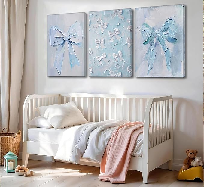 3Pcs Trendy Blue Bow Canvas Wall Art Vintage Cute Preppy Watercolor Bow Painting Pictures Wall Decor Posters Prints Girly Aesthetic for College Apartment Bedroom Decoration