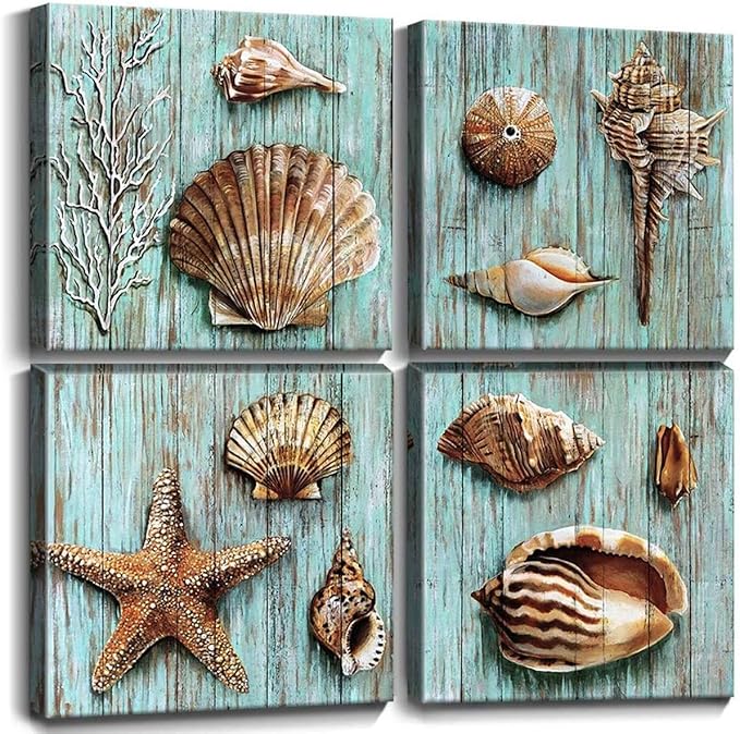 Teal Shells Wall Art Home Decor for Bathroom Shell Conch Framed Canvas Prints Cyan Sea Ocean Blue Plank Marine Life Coral Starfish Paintings Pictures Living Room Homes Decoration Set 4 Piece 24x24