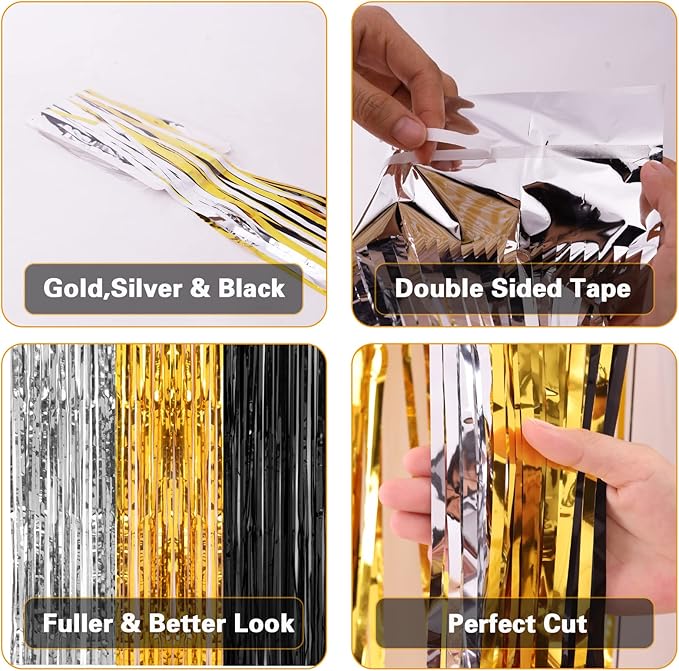 2 Pack 3.2x8.2 Feet Silver Black and Gold Tinsel Foil Fringe Curtains Streamers Backdrop for Bridal Baby Shower Wedding Engagement Birthday Graduation Bachelorette Holiday Party Decorations