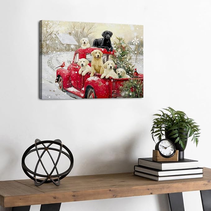 Christmas Wall Art for Living Room Red Pickup Truck Wall Decor Farmhouse Dogs Canvas Prints Christmas Tree Pictures Country Winter Snow Scenic Paintings Artwork Bedroom Kitchen Home Decorations 12x16"