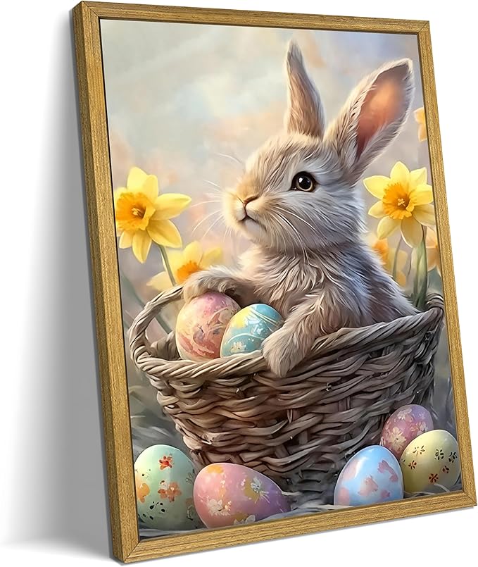 Easter Bunny Wall Art, Cute Rabbit Canvas Wall Decor Painting, Easter Eggs Poster Print Picture, Spring Farmhouse Animal Oil Painting for Living Room Bedroom Kitchen Holiday Home Decor 12x16 Inch Wood Framed