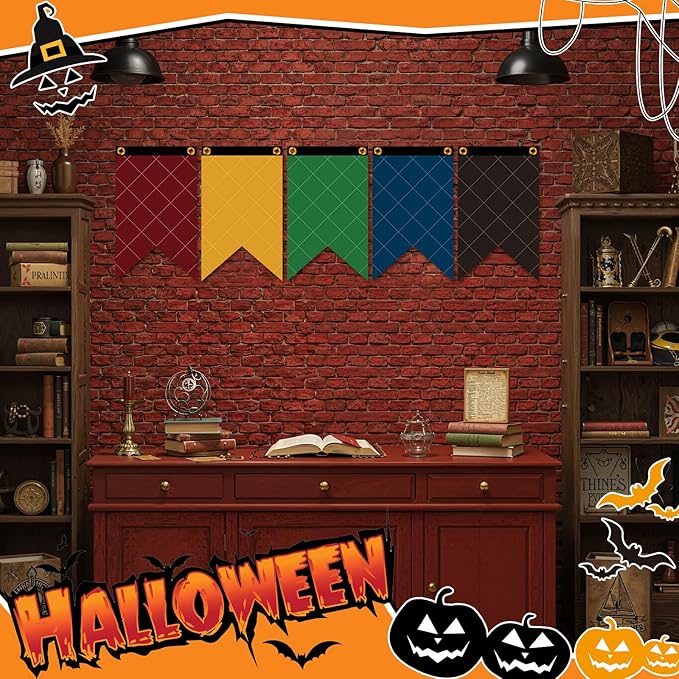 Newwiee Wizarding House Banner Flag Set, Magic Theme 12 x 20'' Polyester Flags Sign, Diamond Checkered Banners for Wall Decor, Bday Garland, Party Decoration, Photoshoot Backdrop