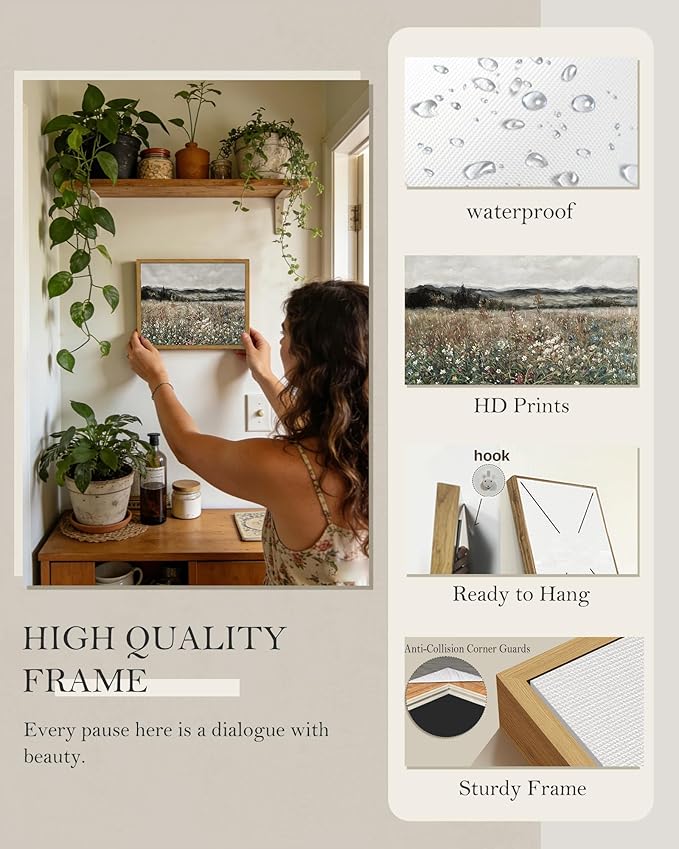 SHENIFY Vintage Landscape Framed Wall Art Meadow Flowers Farmhouse Decor Retro Classic Painting for Kitchen Living Room Bedroom Bathroom - 8x10in Natural Framed