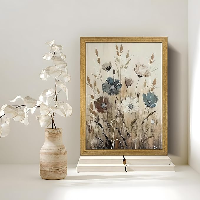 Yaneiro Wood Framed Vintage Wildflower Wall Art, Boho Canvas Wall Decor Paintings, Sage Flower Bathroom Decor, Countryside Farmhouse Landscape Posters Print for Bedroom Hallway Living Room 16x24 Inch