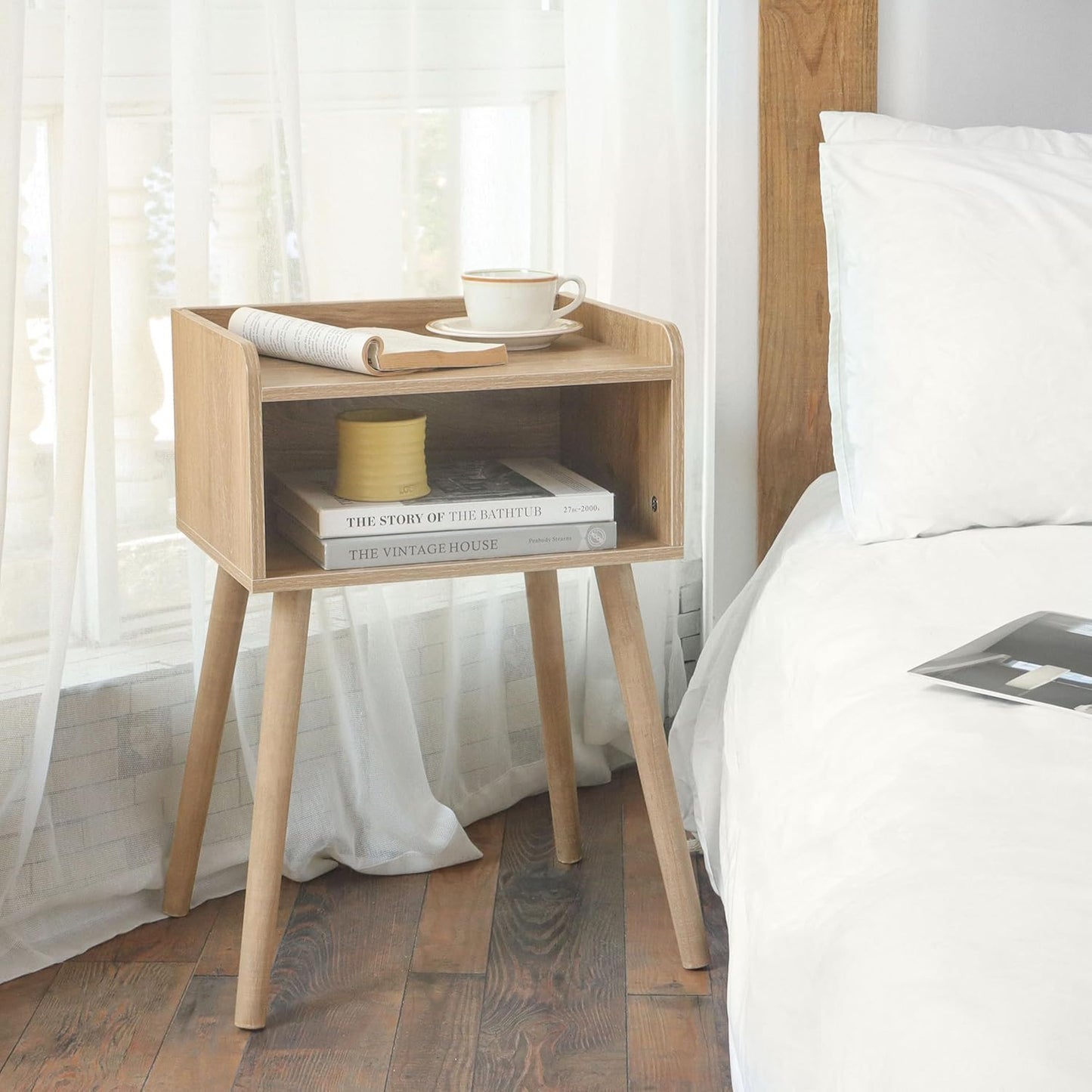 MaxSmeo Nightstand, Mid Century Modern Side Table Bedroom with Storage, Small End Bedside Table with Solid Wood Legs for Living Room, Office Small Spaces (Rustic Walnut)