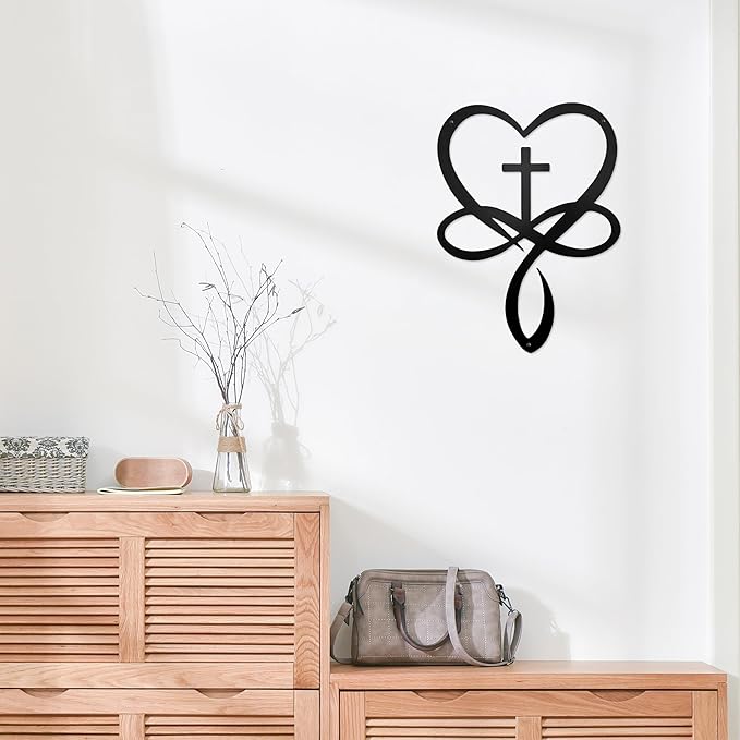 Metal Infinity Heart Cross Wall Decor, Unique Cross Decorative Wall Art, Heart And Love Sign Wall Plaques, Love Gift For Adult Home Wedding, Decor Room Bedroom Living Room Decoration（Black)