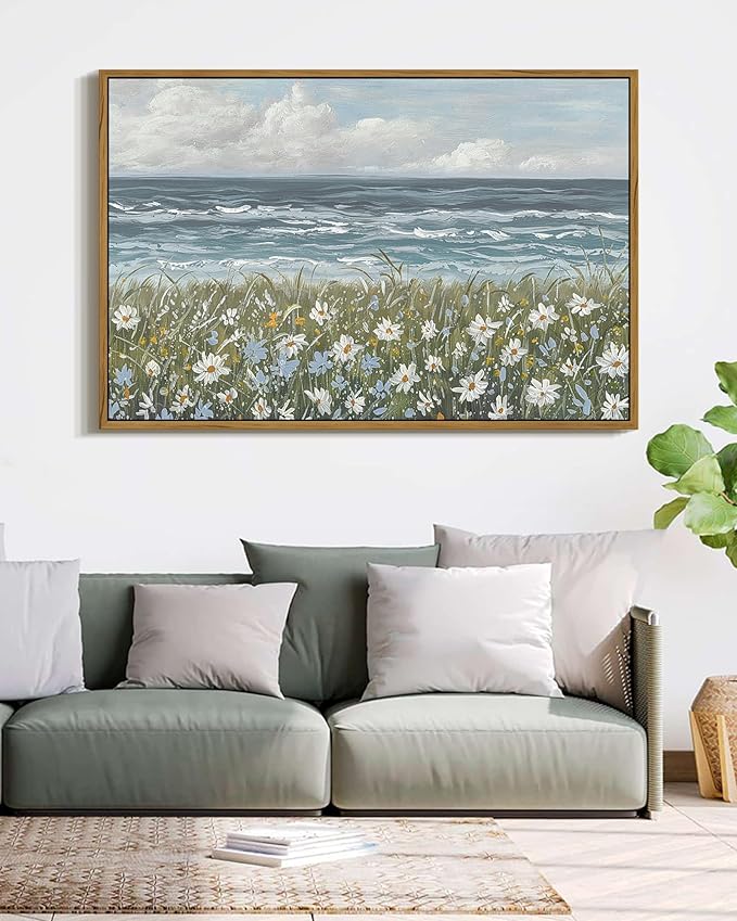 SHENIFY Vintage Landscape Framed Wall Art Sea Coastal Wildflower Field Scenery Farmhouse Decor Retro Painting for Living Room Bedroom Ready to Hang Wall Artwork - 24x36in Natural Framed