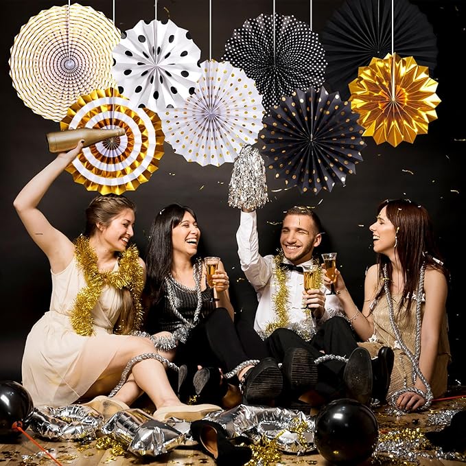 Black and Gold Decorations, Hanging Honeycomb Paper Pompoms Fan for Graduation Birthday Wedding Photo Backdrop Prom Night New Years Black and Gold Party Decorations, Set of 8