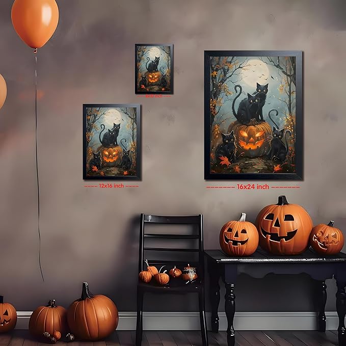 Halloween Black Cat Wall Art, Dark Academia Spooky Pumpkin Poster Wall Decor, Vintage Gothic Witchy Cat Canvas Print, for Bedroom Living Room Aesthetic Decor 8x10 Inch Wood Framed