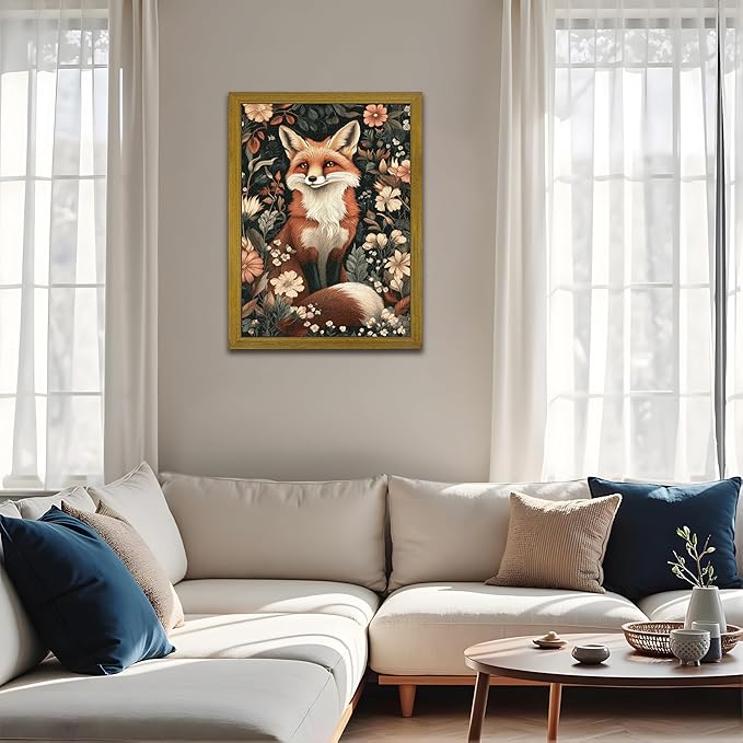 Framed 3D Textured Vintage Wall Art, Hand Drawn Sandstone Fox Wall Decor Paintings, Whimsical Forest Animal Floral Botanical Aesthetic Picture, Cottage Core Home Nursery Decor 12x16 inch