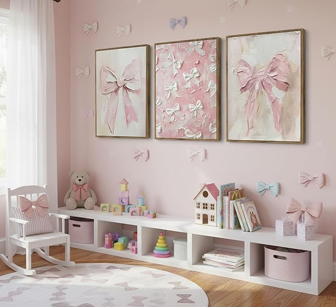 Framed 3D Textured 3Pcs Trendy Pink Bow Canvas Wall Art Vintage Cute Preppy Watercolor Bow Painting Pictures Wall Decor Posters Prints Girly Aesthetic for College Apartment Bedroom Decoration