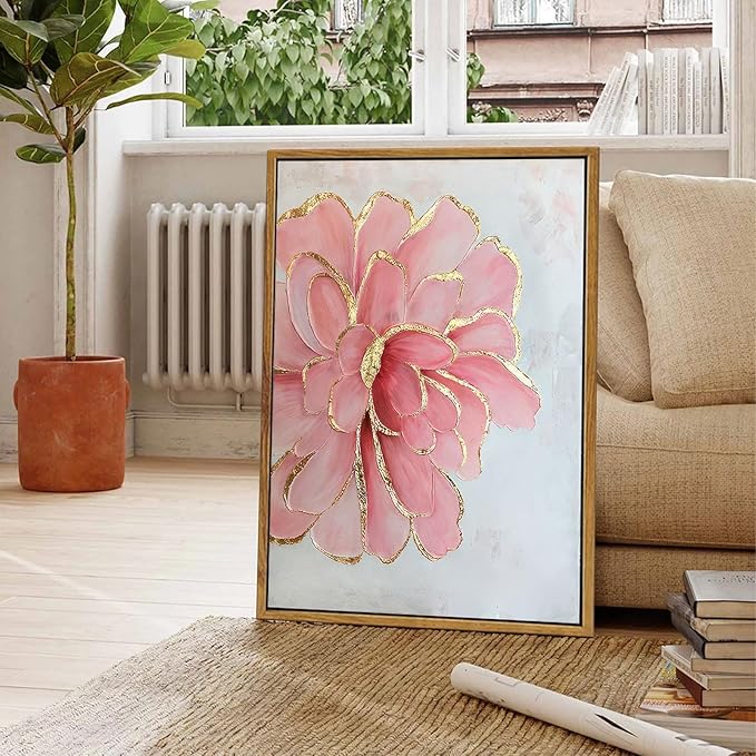 Framed Pink Peony Flower Canvas Wall Art Modern Pink and Gold Floral painting Decor Pictures Abstract flowering Posters Prints for Corridor Living Classroom Bedroom Woman Room Decoration