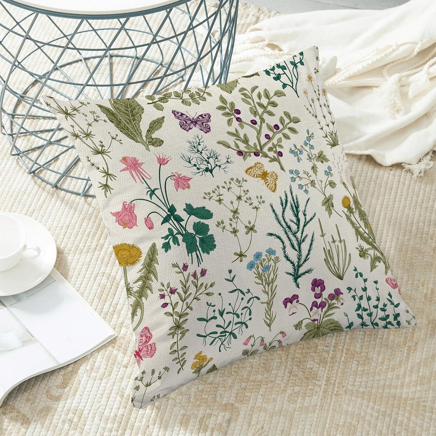 CXMEIFLY Spring Pillow Covers 18 x 18 Inch Set of 2 Vintage Sage Green Teal Wild Flowers Decor Throw Pillows Leaves Plant Outdoor Farmhouse Decorative Cushion Cases for Couch Bed Sofa Decoration
