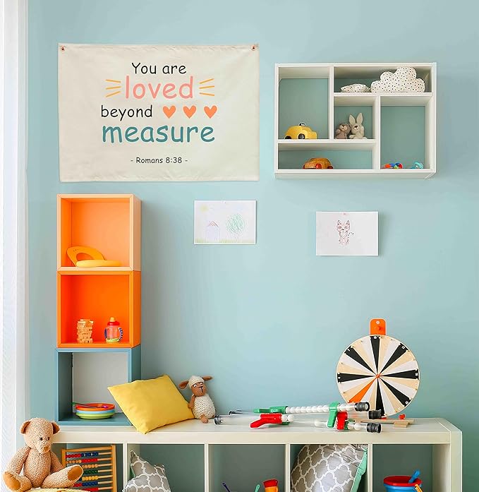 Rectangular Christian Bible Verse Scripture Canvas Banner Wall Decor Flag Sign for Baby Girl Kids,Nursery Bedroom Playroom Nursery Wall Decor,Baby Shower Baptism Christmas Gift-You Are Loved