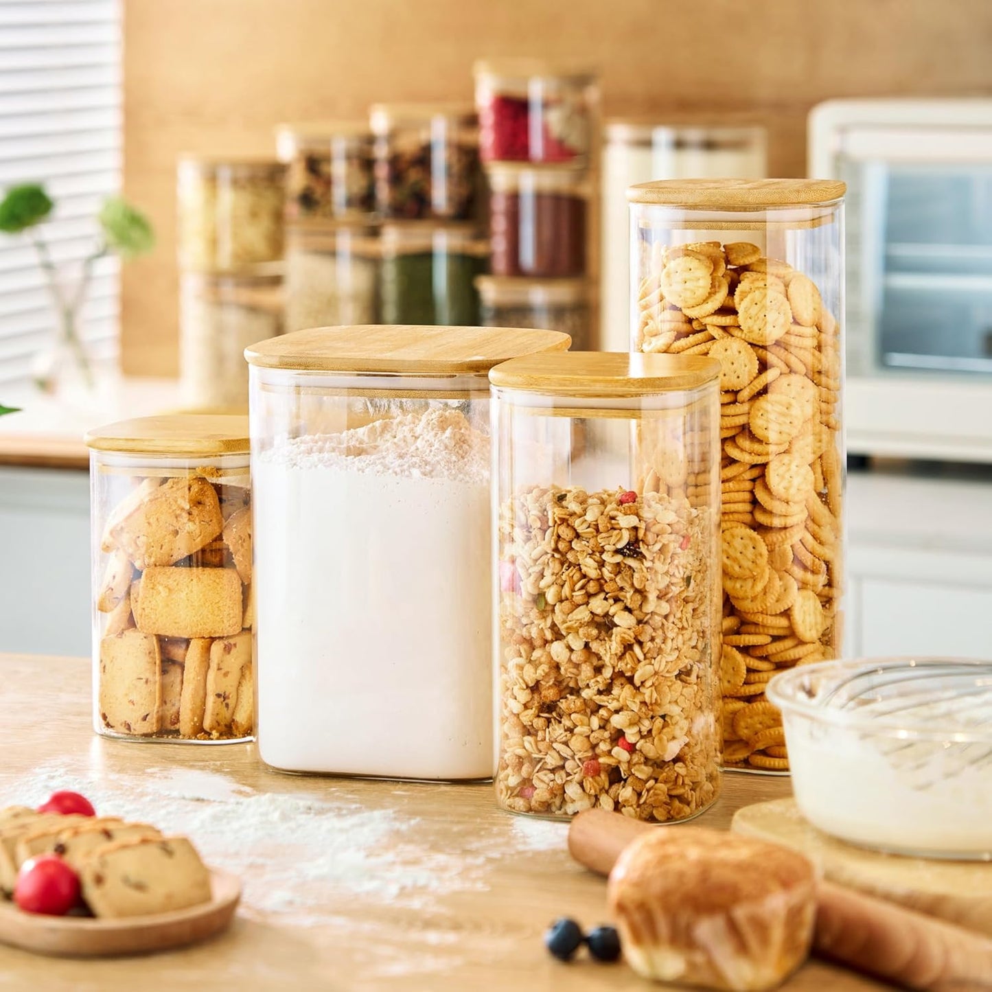 Extra Large Square Glass Flour & Sugar Storage Containers with Airtight Lids, 132 floz & 63 floz - 2 Pack Glass Jars with Bamboo Lids, Air tight Food Storage Containers for Cereal, Pasta, Rice