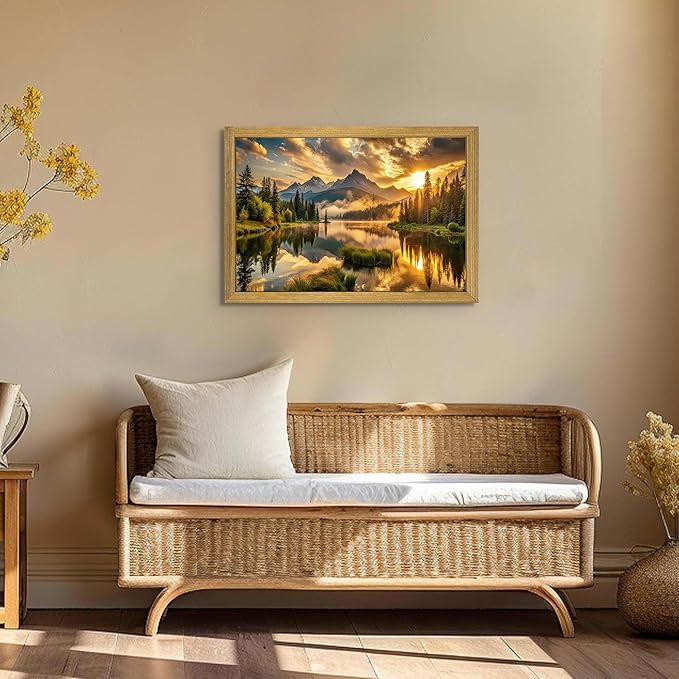 Framed Canvas Wall Art 16x24 Inch, Vintage Landscape Wall Art Decor, Countryside Farmhouse Sunset Landscape Wall Decor, Retro Mountain Vintage Painting Prints for Living Room Bedroom Home Bathroom Decor