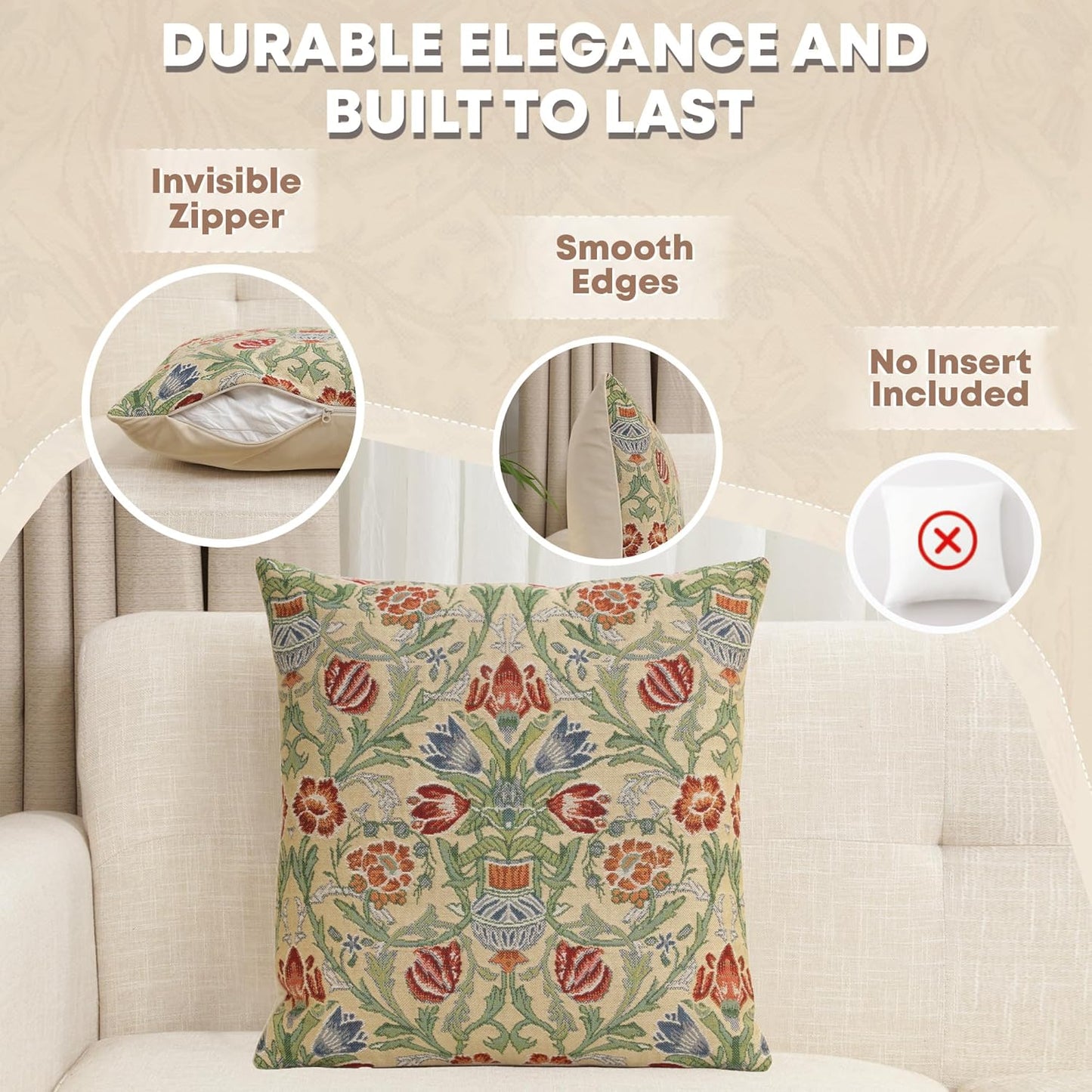 Charlotte Home Furnishings Throw Pillow Covers 16x16 in, Single Stem Decorative Couch Pillow Cover, Boho Decor European Tapestry Cushion Cases, Living Room Cozy Home Decor, Jacquard Woven Soft Cotton