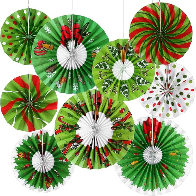 Outus 9 Pcs Christmas Hanging Decorations Candy Paper Fans Peppermint Classroom Christmas Decorations Party Ceiling Wall Hanging Decor Red Green Elf Bulb Wreath Gift Box Winter Holiday Birthday