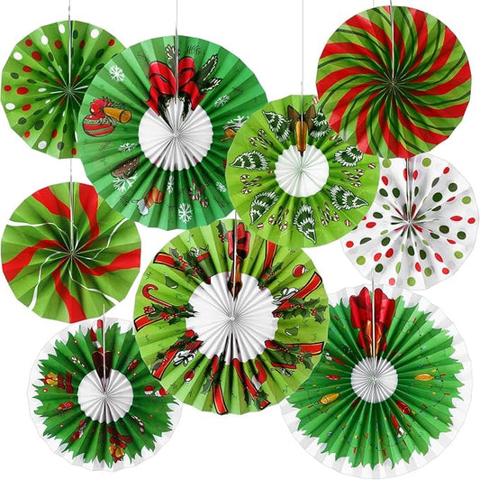 Outus 9 Pcs Christmas Hanging Decorations Candy Paper Fans Peppermint Classroom Christmas Decorations Party Ceiling Wall Hanging Decor Red Green Elf Bulb Wreath Gift Box Winter Holiday Birthday