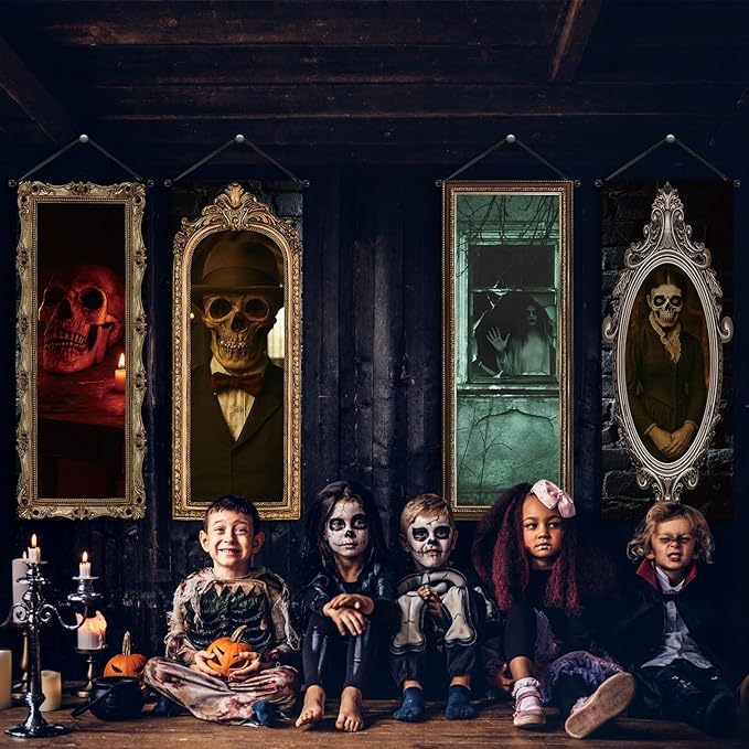 Tiamon 4 Pcs Vintage Christmas Halloween Carnival Porch Banners Retro Santa Clown Stretching Portraits Wall Decorations Gothic Porch Sign Backdrop for Xmas Indoor Outdoor Hanging Decor (Gothic)