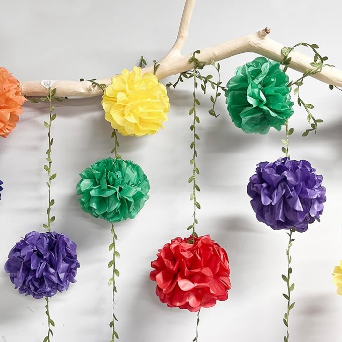 Rainbow Party Decorations Colorful Tissue Paper Flowers Pom Pom with Leaf Ribbon Hanging Garland Streamer for Multi-color Birthday Baby Shower Wedding Carnival Clown Fiesta Festival Party Supplies