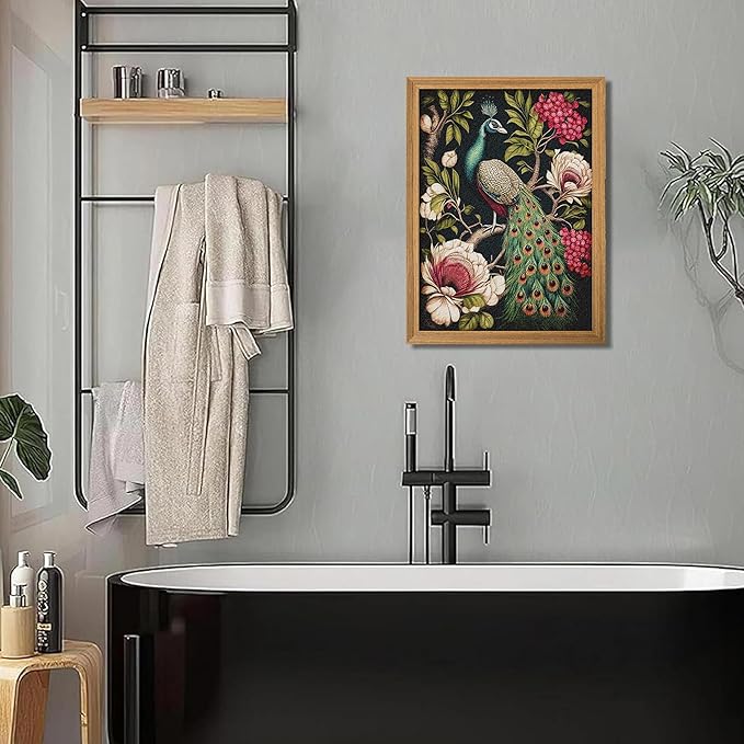 Framed Vintage 3D Textured Wall Art, Hand Drawn Sandstone Peacock Wall Decor, Modern Farmhouse Decor, Rural Botanical Floral Picture Painting Artwork for Living Room Bedroom 12x16 inch