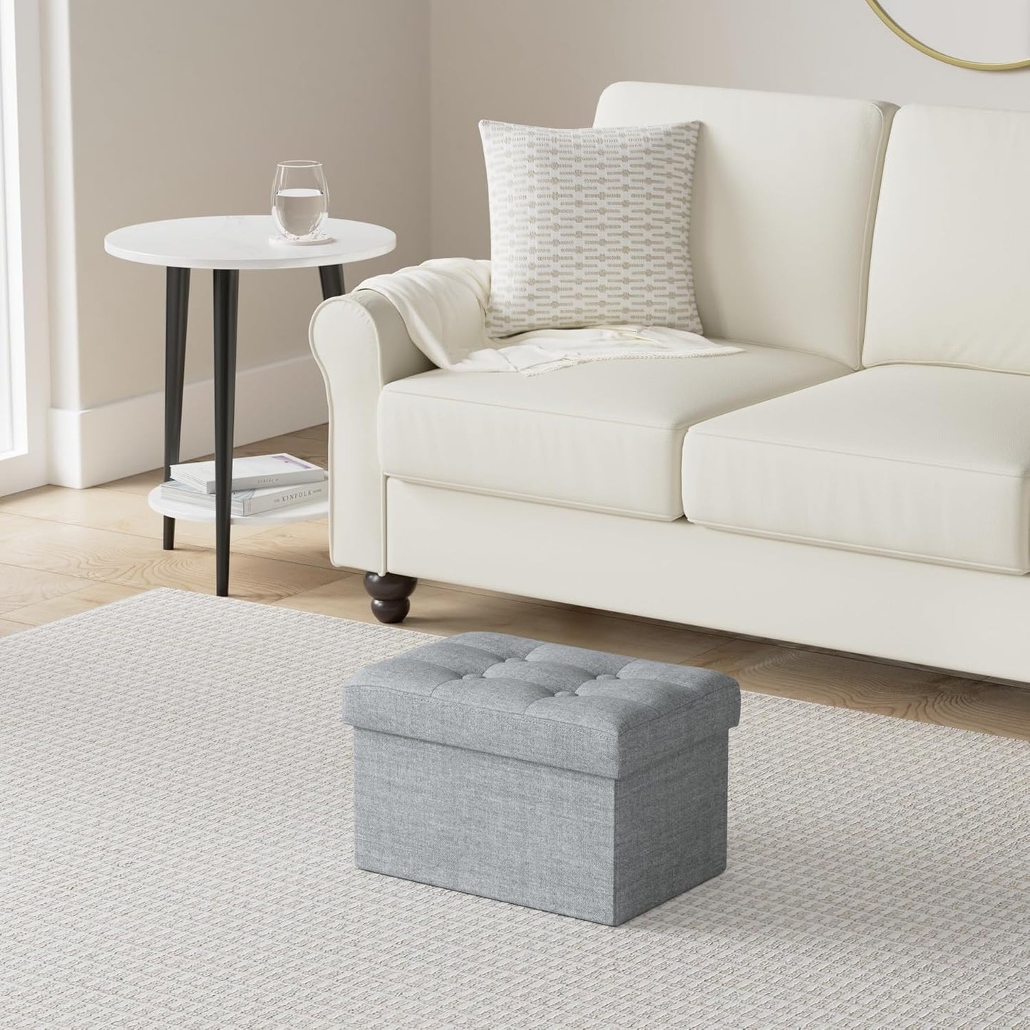 LINMAGCO Ottoman Storage Ottoman with Storage Small Foot Rest Stool Under Desk Stool Short Folding Footrest Linen Cloth Light Gray 16X12X12IN