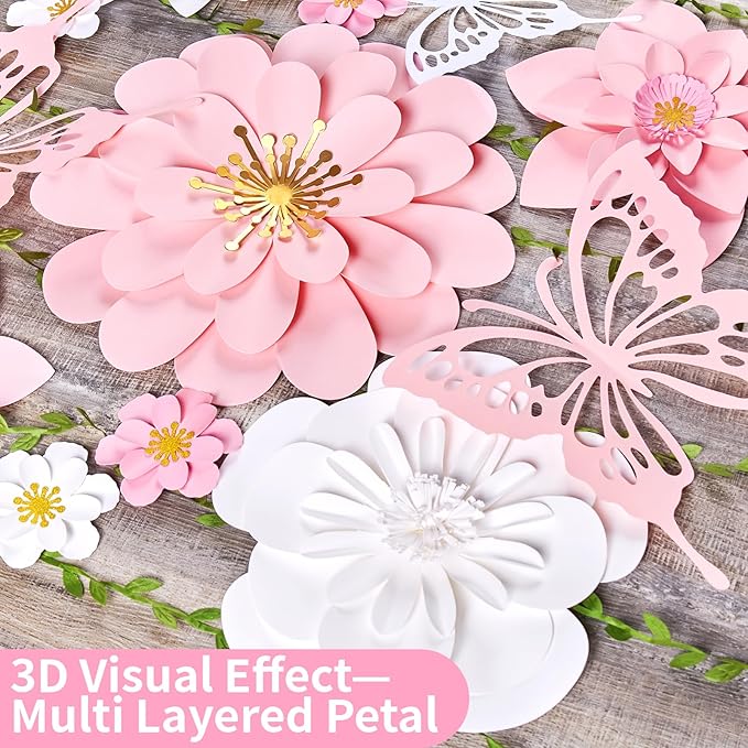 Paper Flower Decoration for Wall 3D Paper Butterfly Flower Bulletin Board Decor Pink White Artificial Flower Backdrop Wall Decor Green Leaves Vine for Classroom Office Spring Garden Tea Women Birthday